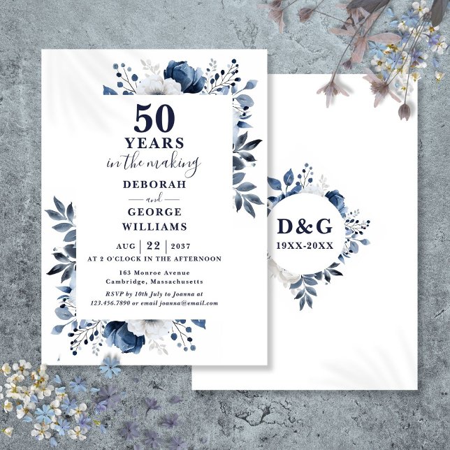 Chic Navy Monogram zum 50. Hochzeitstag Einladung (Chic Navy 50th Wedding Anniversary Monogram Invitation)