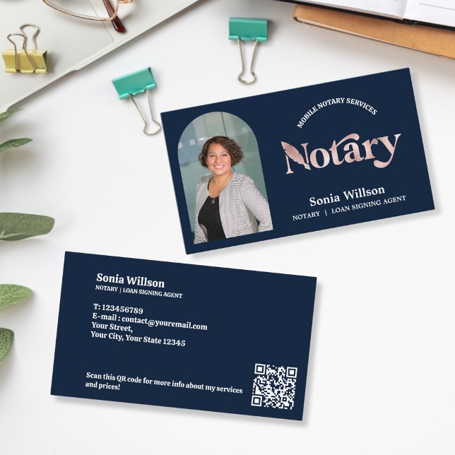 Chic Navy Notary Public Loan Signing Foto QR Code Visitenkarte (Von Creator hochgeladen)