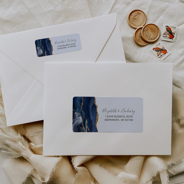Chic Navy Pale Blue Gold Wedding Return Address (Von Creator hochgeladen)