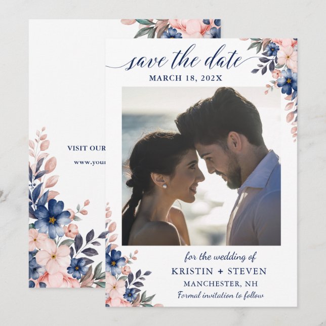 Chic Navy Peach Floral Foto Save the Date Karte (Vorne/Hinten)