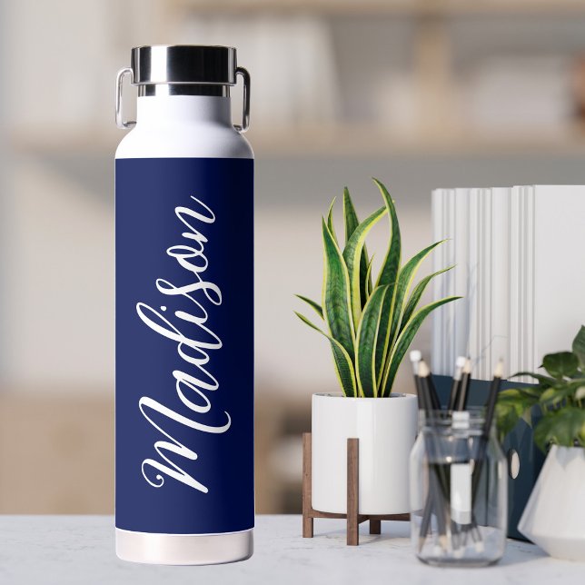 Chic Navy Personalisierter Name in White Script Trinkflasche (Von Creator hochgeladen)