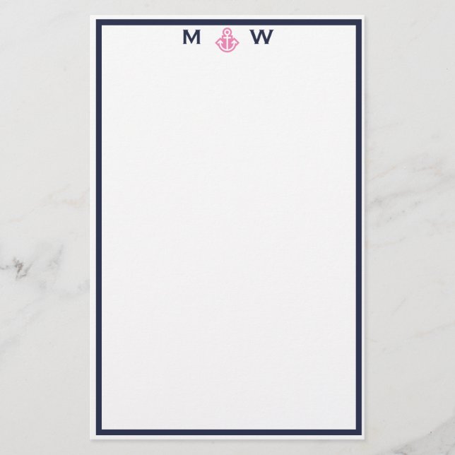 Chic Navy & Pink Anchor Monogram Stationierung Briefpapier (Vorderseite)