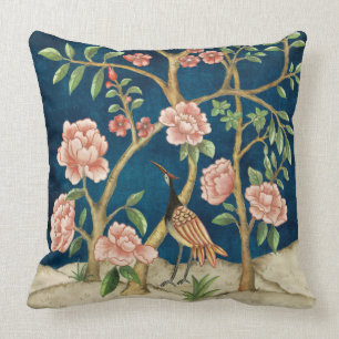 Chic Navy Pink Chinoiserie Floral Bird Grüne Kissen