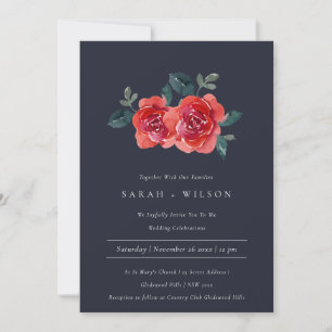 CHIC NAVY RED GREEN ROSE FLORAL WEDITE EINLADUNG