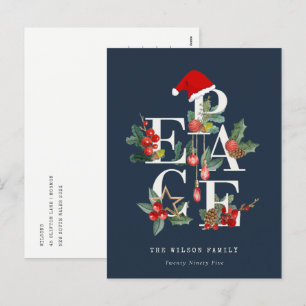 Chic Navy Red Green White Peace Christmas Folies Feiertagspostkarte