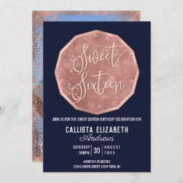 Chic Navy Rose Gold Glitzer Polygon Foto Sweet 16 Einladung