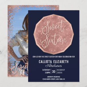 Chic Navy Rose Gold Glitzer Polygon Foto Sweet 16 Einladung