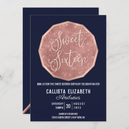 Chic Navy Rose Gold Glitzer Polygon Geo Sweet 16 Einladung