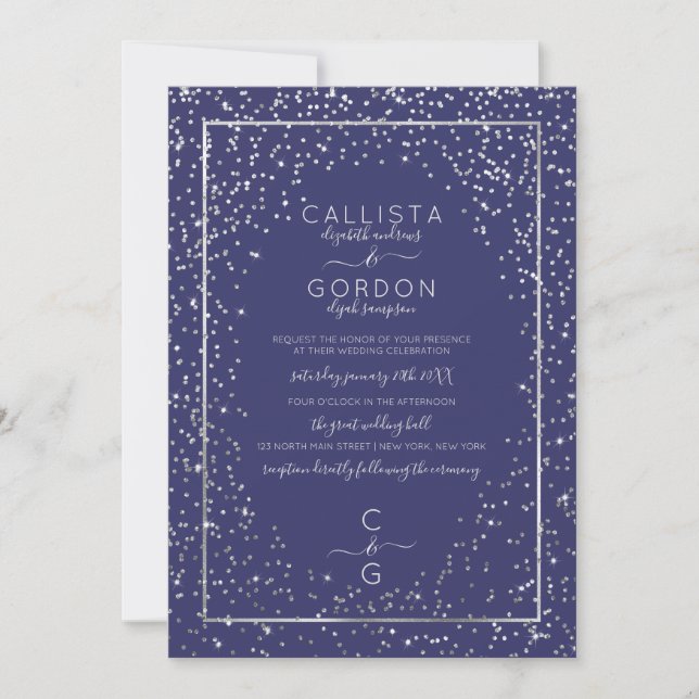 Chic Navy Silver Glitzer Confetti Border Wedding Einladung