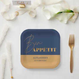 Chic Navy und Gold Bon Appétit Script Geburtstag Pappteller