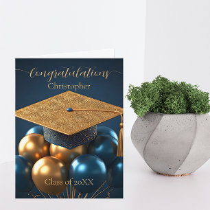 Chic Navy und Gold Graduation Cap and Balloons Karte