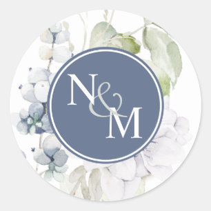 Chic Navy und White Floral Monogram Umschlag Aufkl Runder Aufkleber