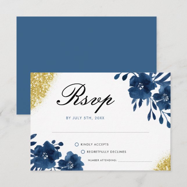 Chic Navy Wasserfarbe Blume Gold Glitzer Hochzeit RSVP Karte (Vorne/Hinten)