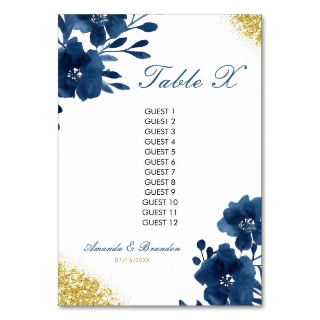 Chic Navy Wasserfarbe Blume Gold Glitzer Hochzeit Tischnummer (Vorderseite)