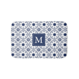 Chic Navy & White marokkanische Blumenmuster Monog Badematte