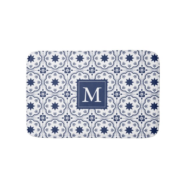Chic Navy & White marokkanische Blumenmuster Monog Badematte (Vorderseite)