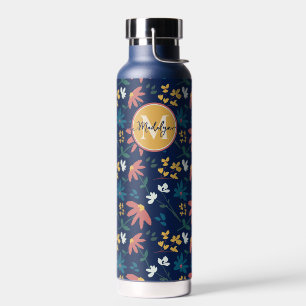 Chic Navy Yellow Monogram Floral Muster Custom Trinkflasche