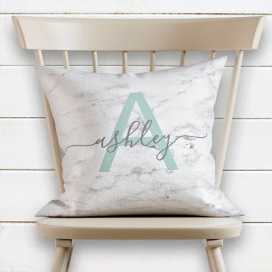 chic Neo Mint & Gray Marble Name Monogram Kissen