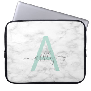 Chic Neo Mint White Marble Script Name Monogram Laptopschutzhülle