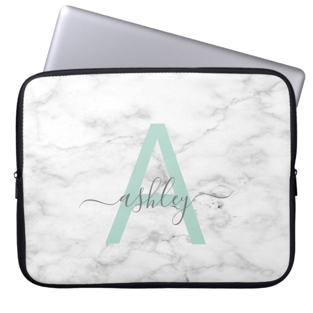 Chic Neo Mint White Marble Script Name Monogram Laptopschutzhülle (Vorderseite)