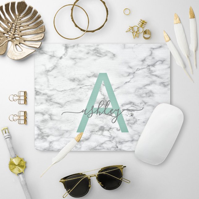 Chic Neo Mint White Marble Script Name Monogram Mousepad (Von Creator hochgeladen)