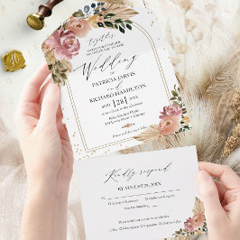 Chic Neutral Colors Boho Floral Wedding All In One Einladung