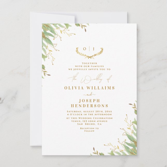 Chic Neutral Watercolor Floral Wedding Gold Foil Einladung (Vorderseite)