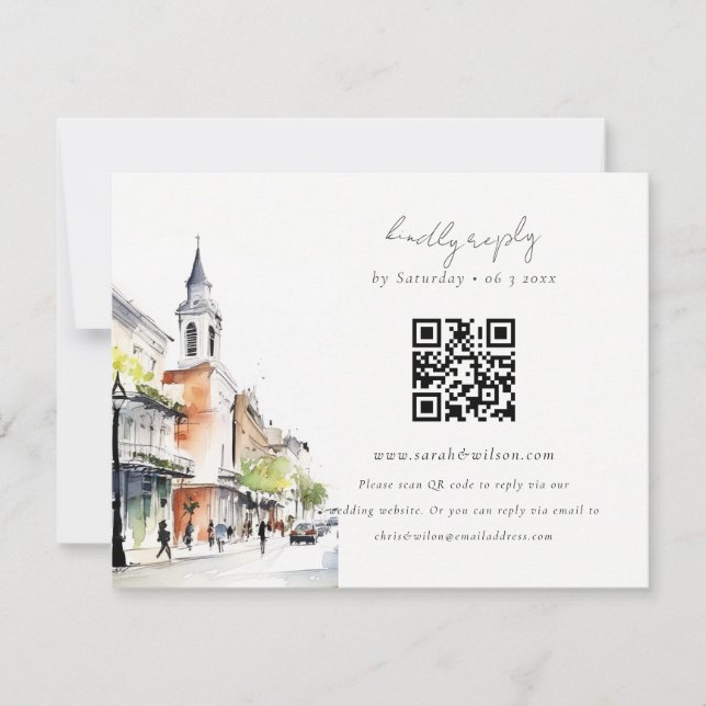 Chic New Orleans Louisiana QR Code Wedding RSVP Karte (Vorderseite)