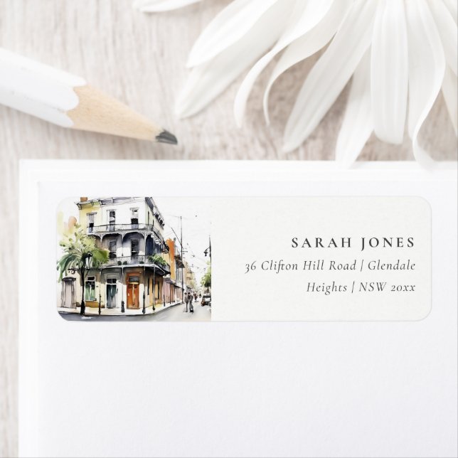 Chic New Orleans Louisiana Watercolor Adresse (Insitu)