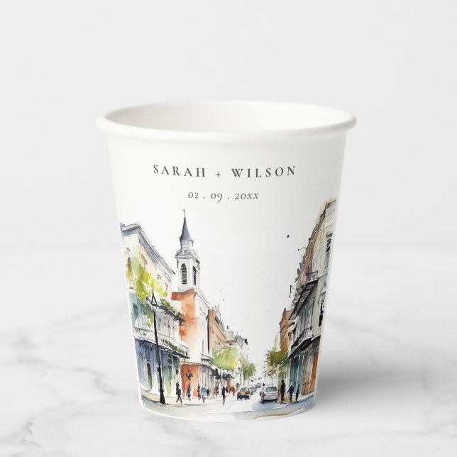 Chic New Orleans Louisiana Watercolor Wedding Pappbecher (Vorderseite)