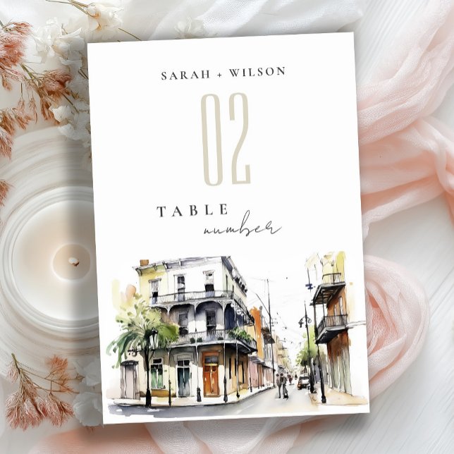Chic New Orleans Louisiana Watercolor Wedding Tischnummer (Von Creator hochgeladen)