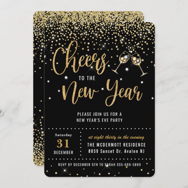 Chic New Year's Eve Party Black Gold Glitzer Invit Einladung (Vorne/Hinten)