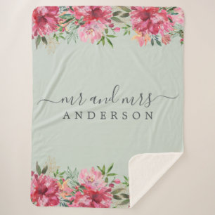 Chic Newlywed Mr. Pink Floral Monogram Sherpadecke