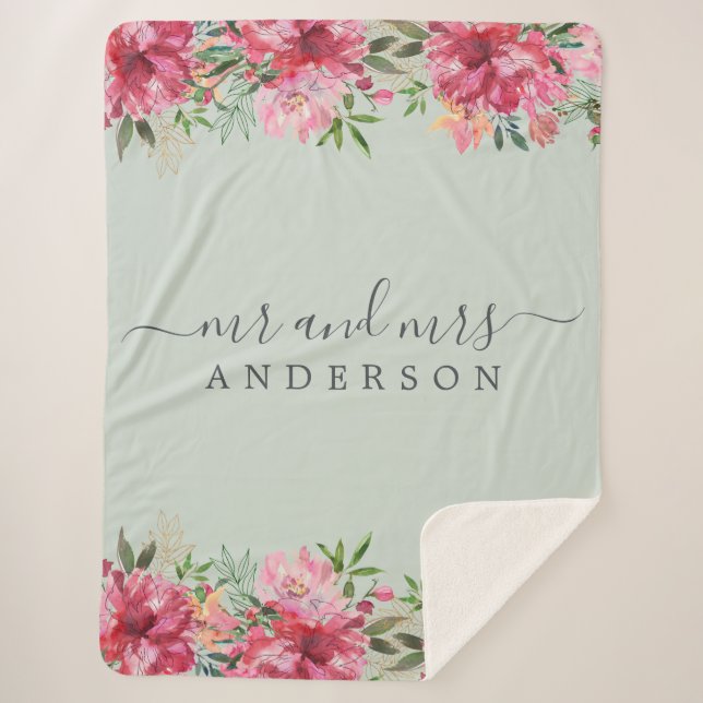 Chic Newlywed Mr. Pink Floral Monogram Sherpadecke (Vorderseite)