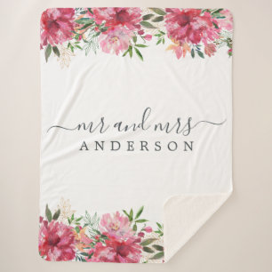 Chic Newlywed Mr. Pink Floral Monogram Sherpadecke