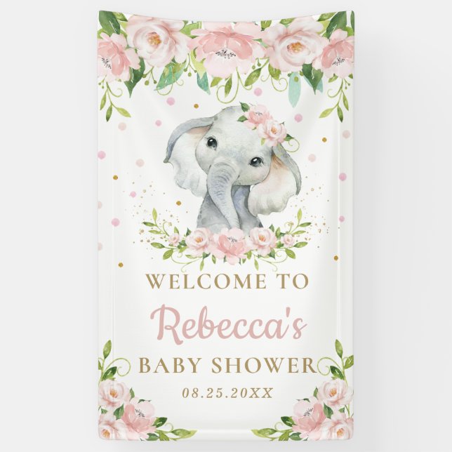 Chic Niedlich Elephant Pink Floral Hintergrund Wil Banner (Vertikal)