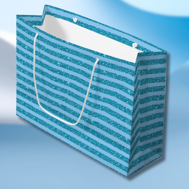Chic Ocean Blue Glitter Style Horizontal Stripes Große Geschenktüte (Von Creator hochgeladen)