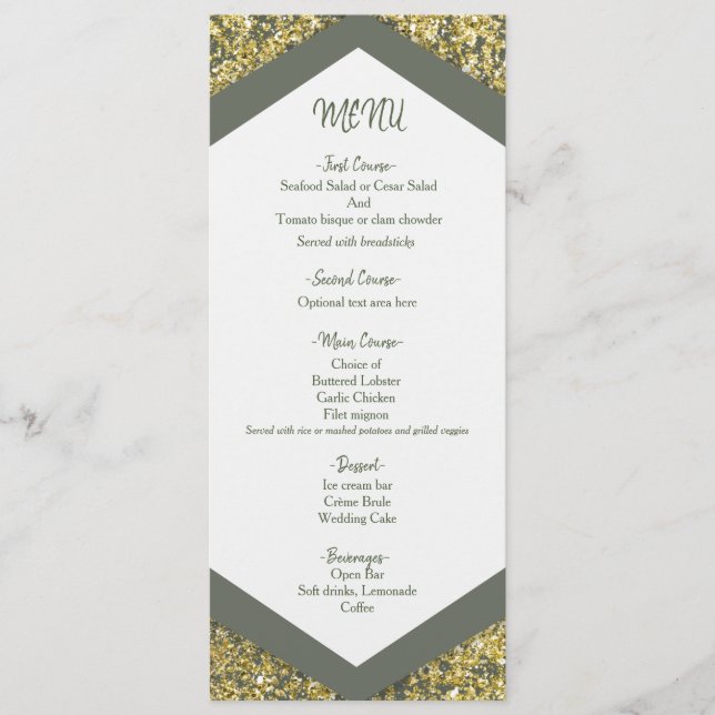 Chic Olive & Gold Glitzer Flakes Hochzeitsmenü Menükarte (Vorderseite)