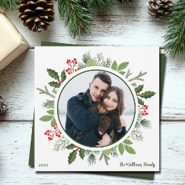 Chic Olive Green Holly Christmas Wreath Foto Feiertagskarte