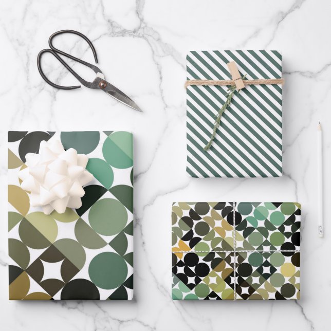 Chic Olive Green Taupe Beige Circles Art Pattern Geschenkpapier Set (Vorderseite)