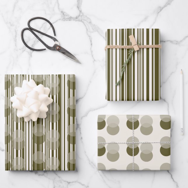 Chic Olive Green Tinsel und Confetti Muster Geschenkpapier Set (Vorderseite)