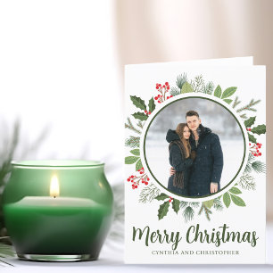 Chic Olive Green Weihnachtskranz Foto geklappt Feiertagskarte