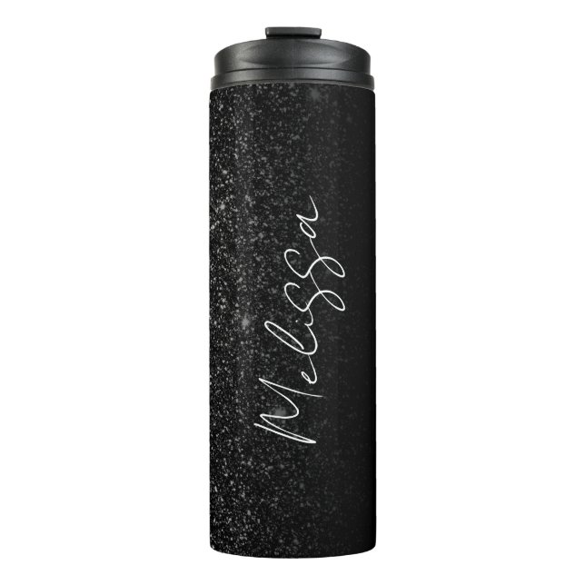 Chic Ombre Black Glitzer Signature Script Name Thermosbecher (Vorderseite)
