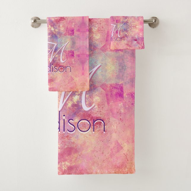 Chic ombre Rose Rosa Glitzer Monogramm Badhandtuch Set (Insitu)