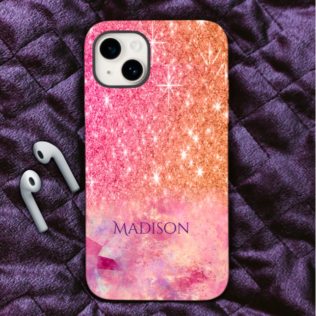 Chic ombre Rose Rosa Glitzer Monogramm Case-Mate iPhone Hülle (Von Creator hochgeladen)