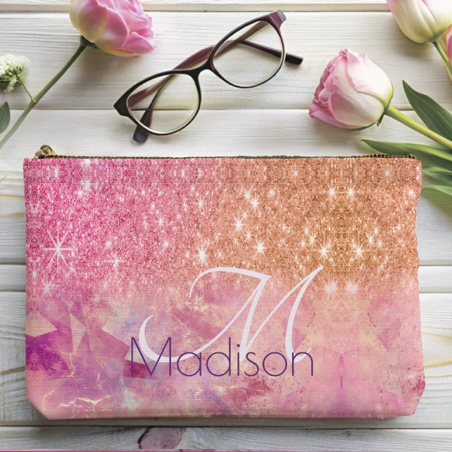 Chic ombre Rose Rosa Glitzer Monogramm Zubehörtasche (Von Creator hochgeladen)