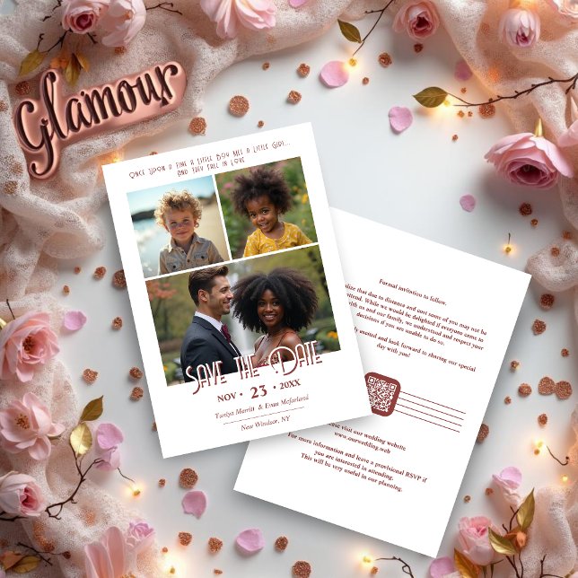 Chic Once Upon a Time 3-Photo Then & Now Wedding Save The Date (Chic Once Upon a Time Then and Now Wedding Save the Date with Back QR Code. )