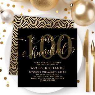 Chic One Hundred Schriftzug Schwarz Gold 100. Gebu Einladung