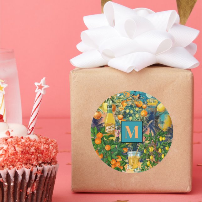 Chic orange blau türkis sizilianisch Zitruskollage Runder Aufkleber (Party)