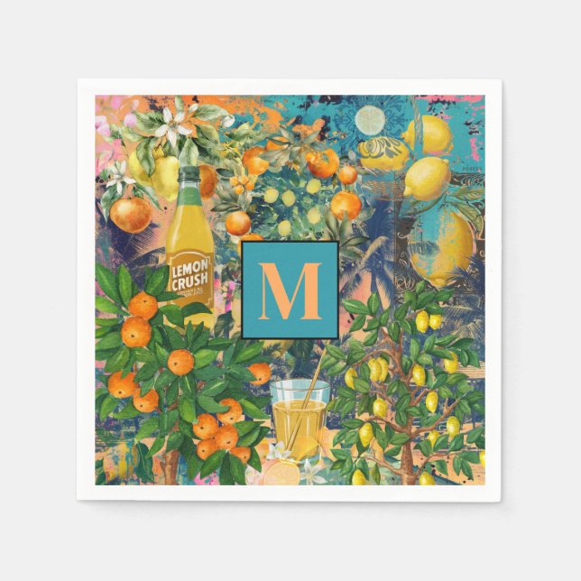 Chic orange blau türkis sizilianisch Zitruskollage Serviette (Vorderseite)